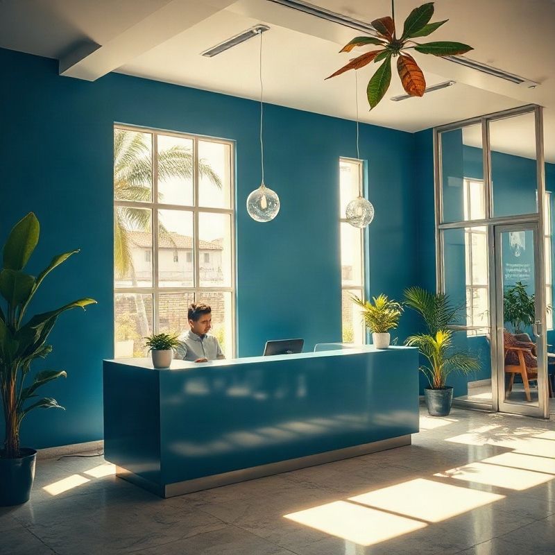 Recepção acolhedora em escritório iluminado em Fortaleza